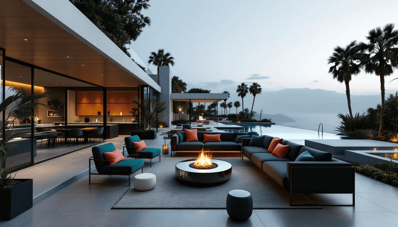 An outdoor living space designed for luxury homes, complete with stylish furniture and lush landscaping.