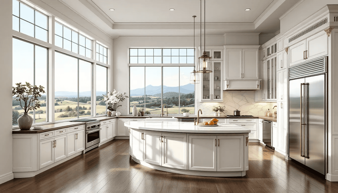 An expansive kitchen in a luxury home, featuring high-end materials and gourmet appliances.