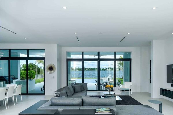 Modern living room with waterfront view