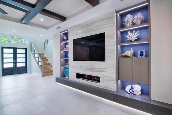 Modern living room with fireplace and shelves