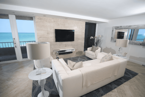 Modern living room with ocean view.