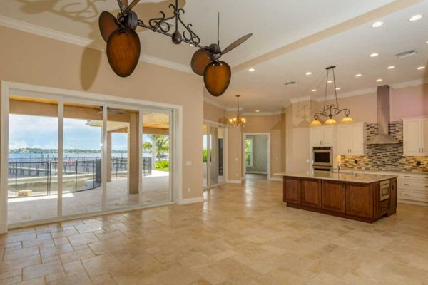 Spacious open kitchen with lake view.