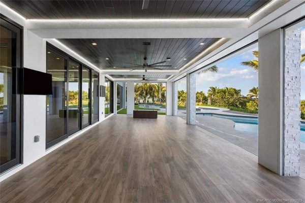 Modern patio with pool view