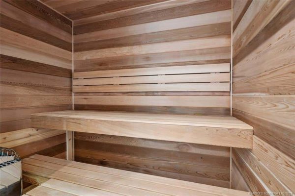 Wooden interior of a sauna with benches.