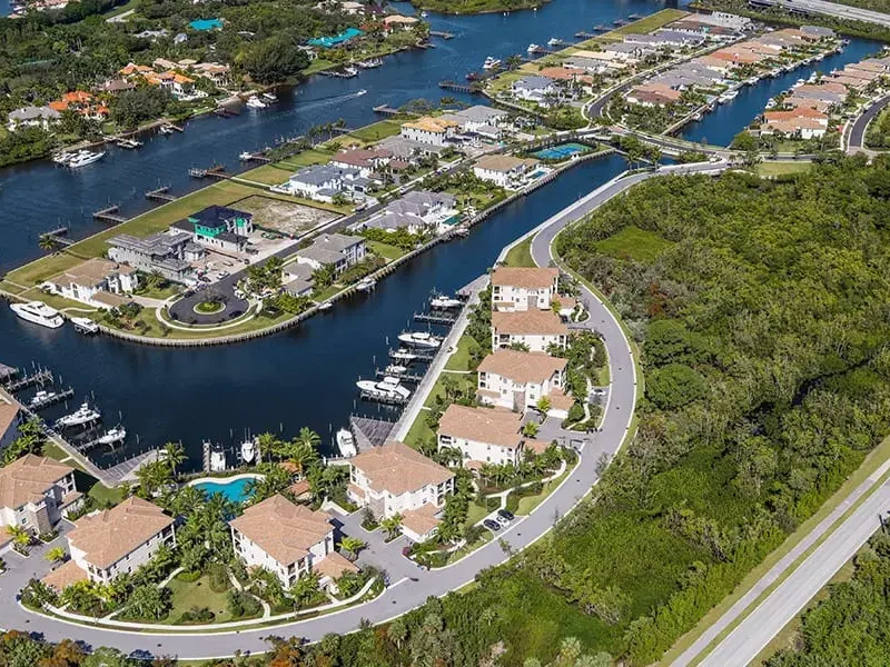 Aerial view of waterfront residential neighborhood