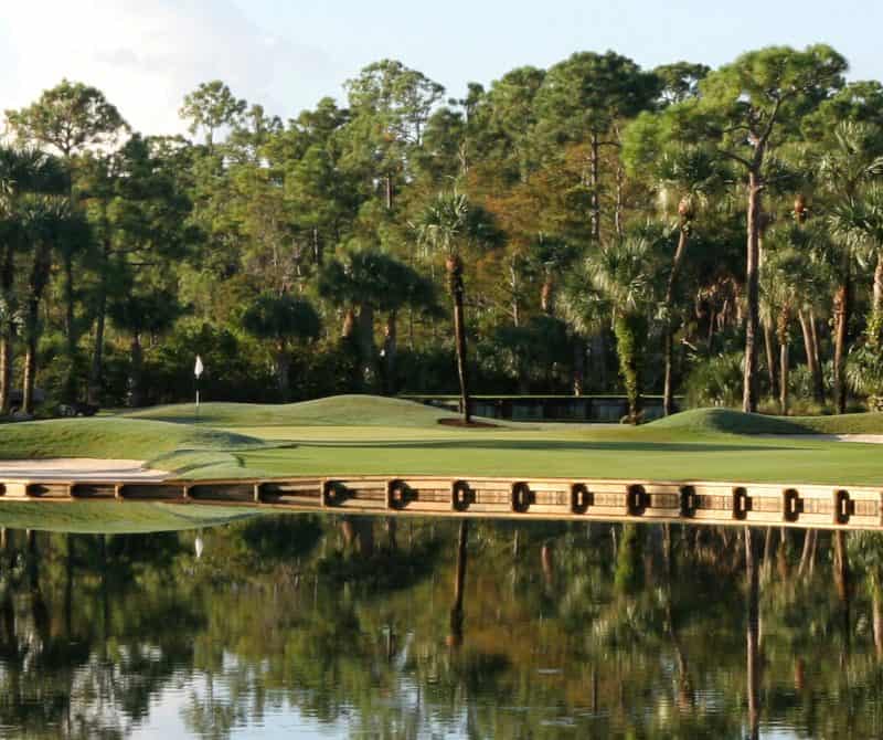 Scenic golf course surrounded by trees and water.