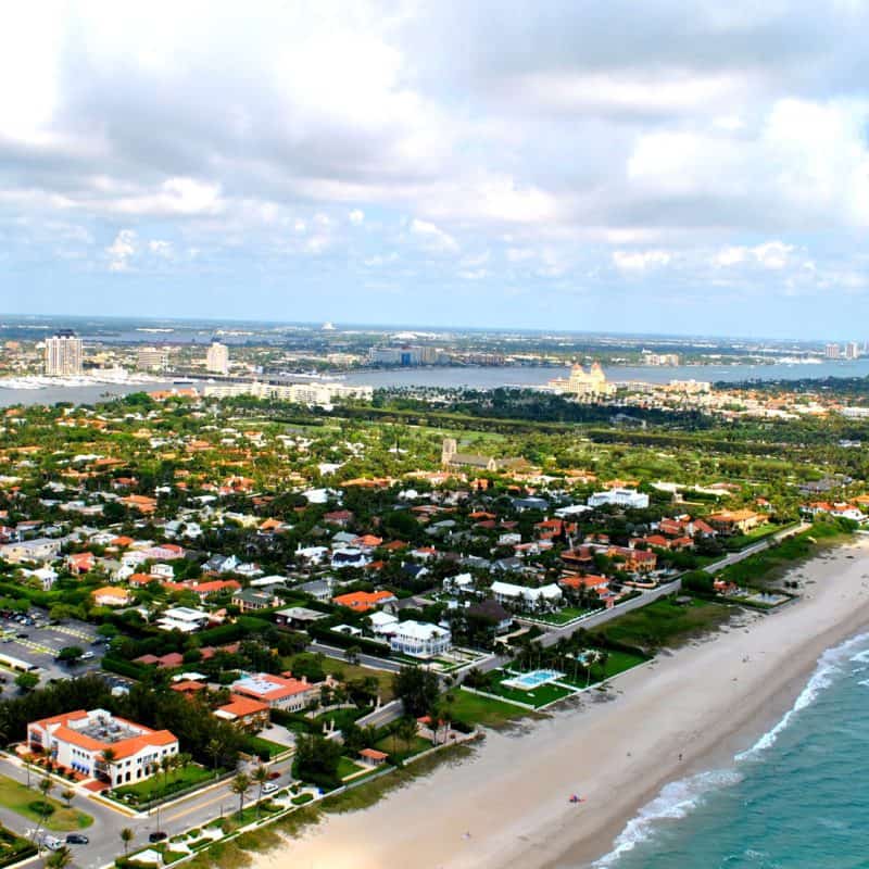 Aerial view of coastal city and beach