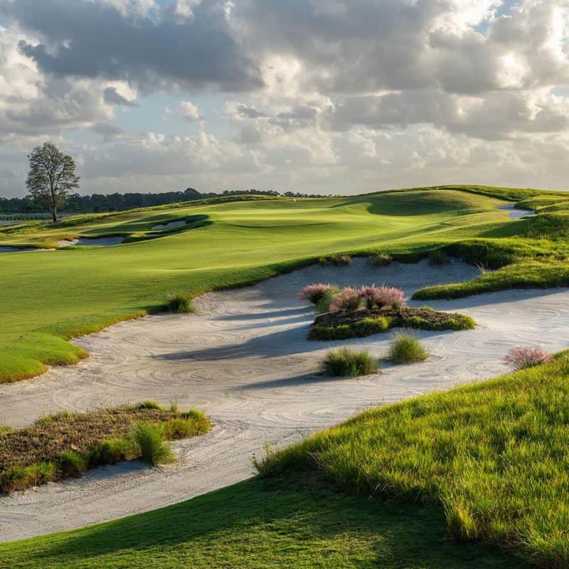 Golf course with sand bunker and grass hills.