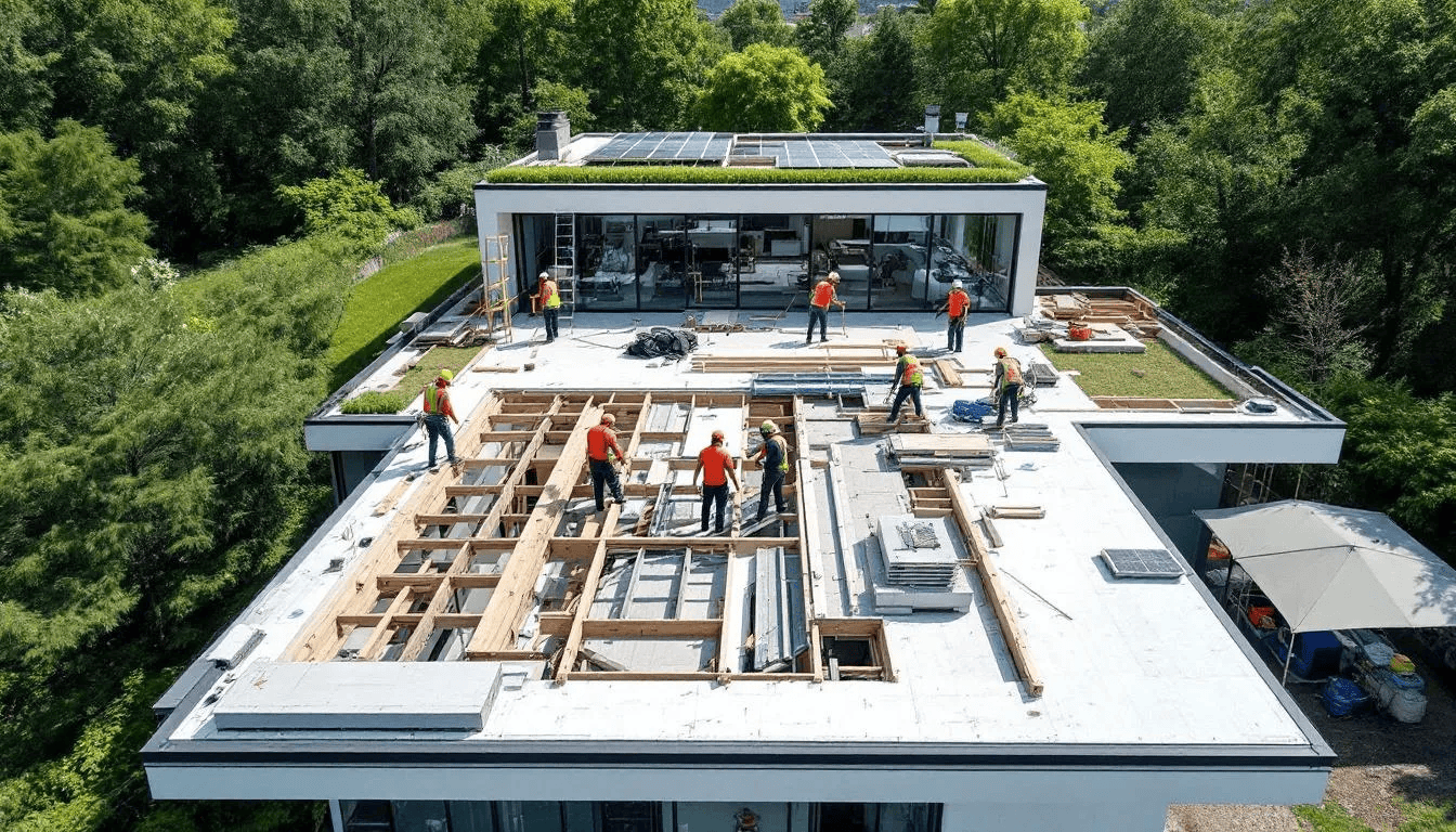 Roof repairs and renovations in progress.