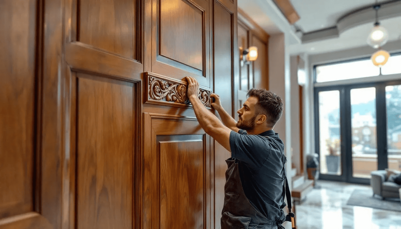 A skilled craftsman is meticulously installing custom millwork in the interior of a luxury home, showcasing high-quality materials and expert craftsmanship. The attention to detail reflects the elegance and sophistication that defines this dream home.