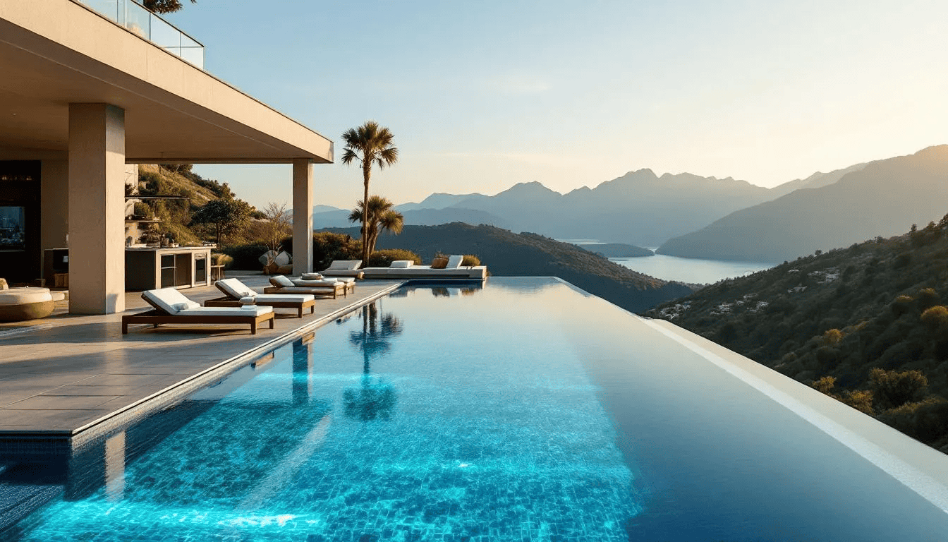 A stunning luxury swimming pool features an infinity edge that seamlessly blends with the horizon, surrounded by a beautifully designed outdoor living area. This space exemplifies high-end living, showcasing exceptional craftsmanship and attention to detail, perfect for those seeking a dream home experience.