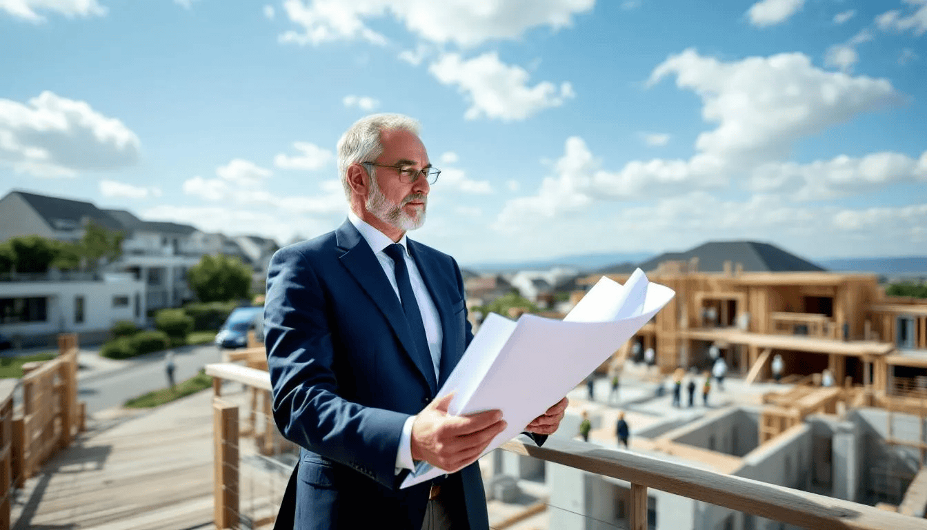 An architect is intently reviewing blueprints at a luxury home construction site, surrounded by high-quality materials and the framework of a custom luxury home. This scene captures the detailed planning and craftsmanship involved in creating a dream home, reflecting the excellence and vision of the custom home building experience.