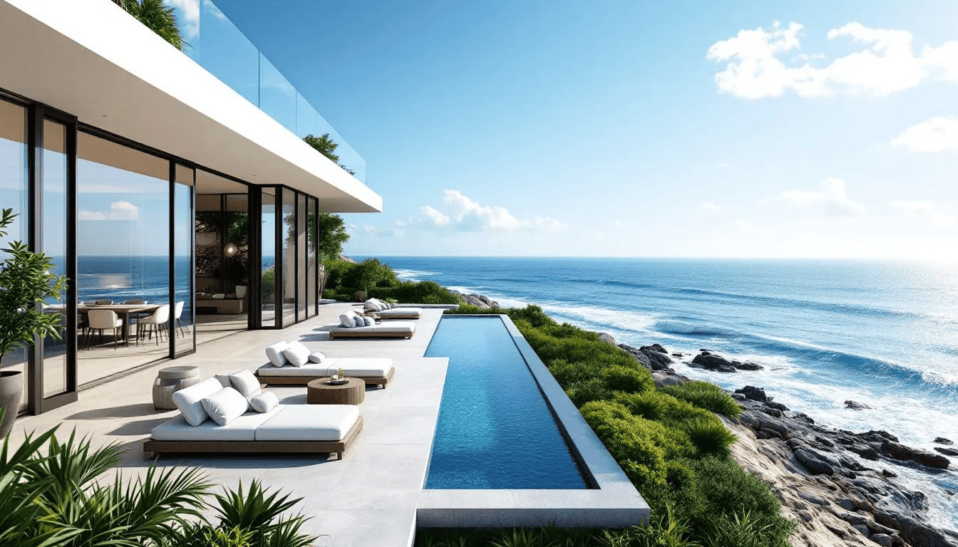 An elegant luxury waterfront estate features expansive outdoor terraces that provide breathtaking views of the ocean, showcasing the beauty of Florida's coastal living. This home is part of a collection that offers unparalleled access to the world’s finest luxury homes, delivering an exceptional experience for discerning buyers.