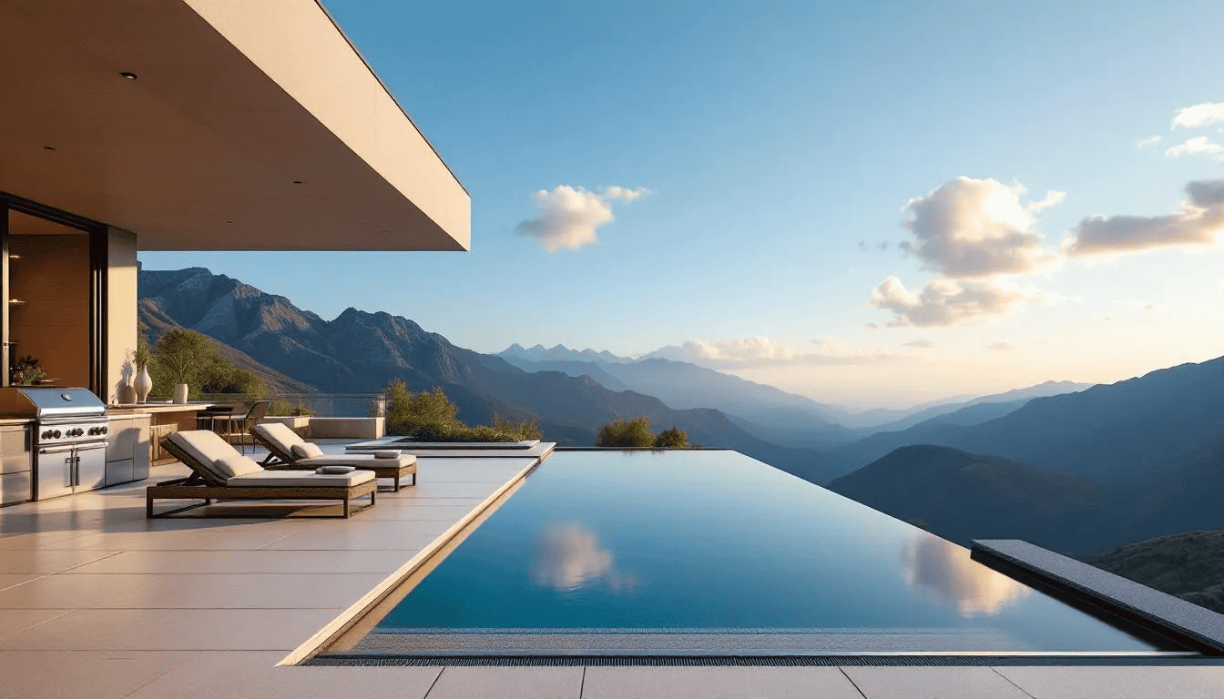 A luxurious outdoor living space features a stunning infinity pool that seamlessly blends with breathtaking mountain views, showcasing high-quality materials and elegant design elements typical of a custom luxury home. This serene environment embodies the essence of luxury living, perfect for creating unforgettable moments with family and friends.