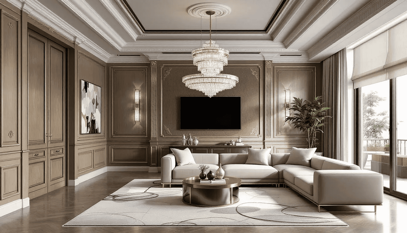 The image depicts a luxurious home interior featuring custom millwork and designer furnishings, showcasing high-end craftsmanship and attention to detail in the living space. This elegant environment reflects the finest materials and superior craftsmanship, embodying the essence of luxury living and the dream home concept.