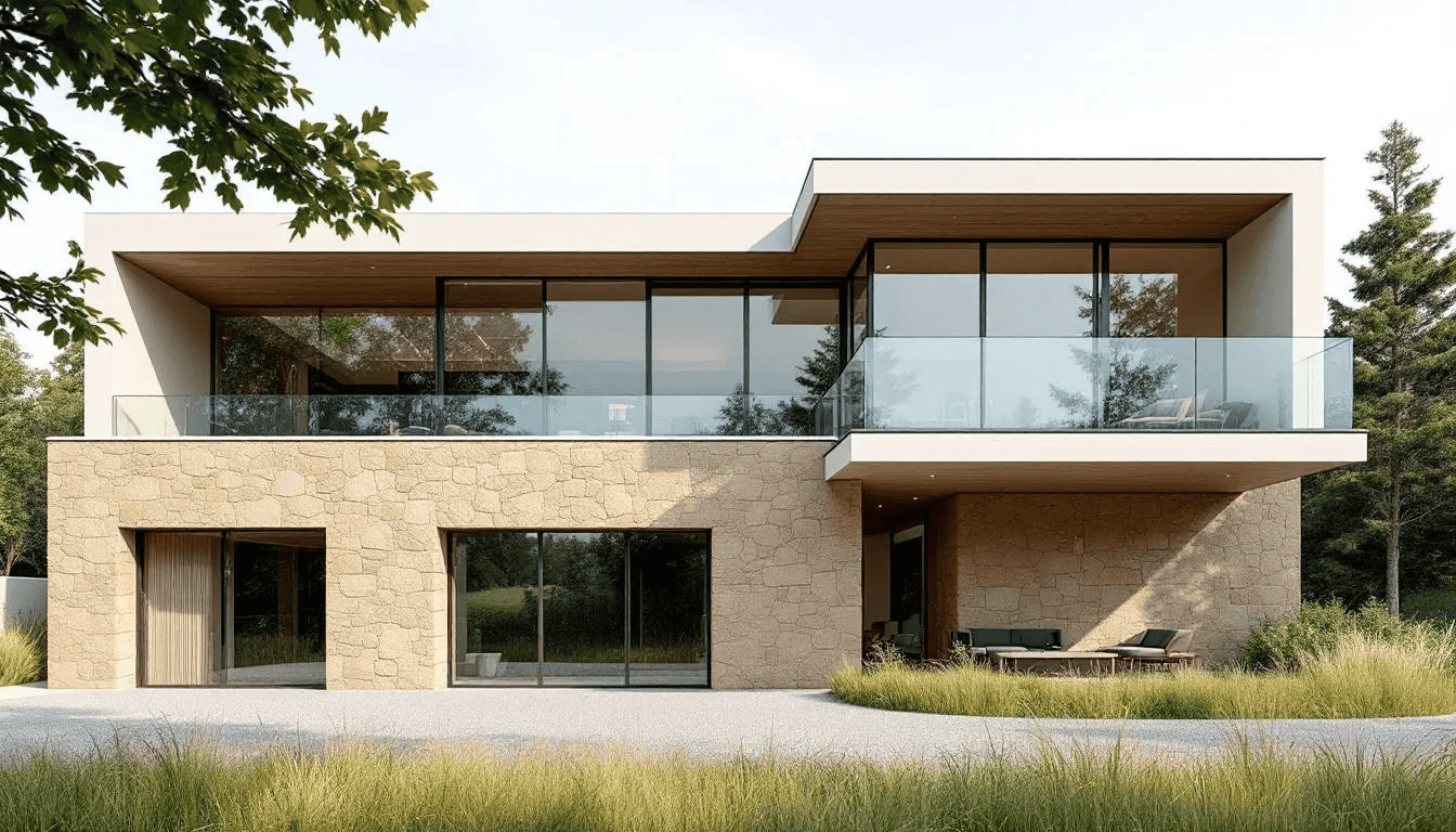 The image showcases a stunning luxury home exterior featuring a sleek combination of stone and glass, embodying timeless elegance and superior craftsmanship. This architectural marvel exemplifies high-end living with its meticulous attention to detail and the finest materials, perfect for those seeking their dream home in the luxury real estate market.