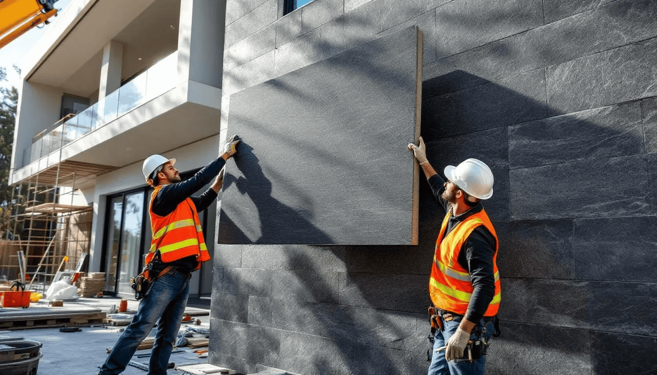 Construction workers are skillfully installing a premium stone exterior on a luxury home, showcasing high-quality materials and expert craftsmanship. This custom luxury home reflects a commitment to detail and excellence in the custom home building experience.