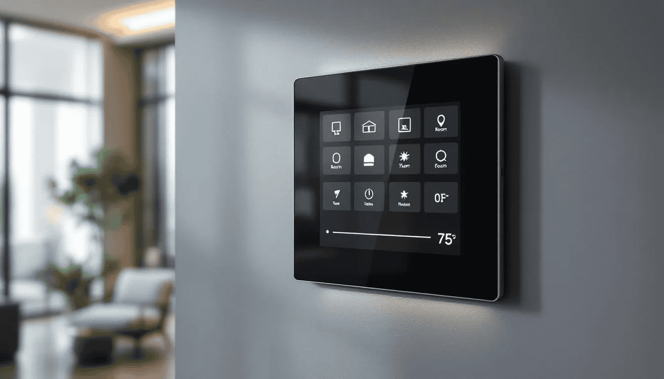 In a luxury setting, a sleek smart home control panel showcases intuitive lighting and temperature controls, emphasizing the high-end interior design of a dream home. This modern technology reflects the lifestyle of luxury living, offering customization and convenience for families and entertainment.