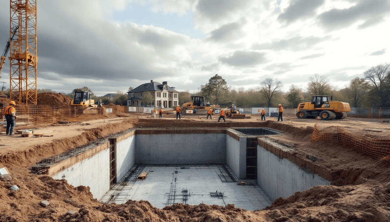A bustling construction site showcases the foundation work of a luxury home, with workers and heavy equipment actively engaged in building the dream home. This scene highlights the craftsmanship and innovation involved in creating unique luxury house plans, setting the stage for a future of luxury living.