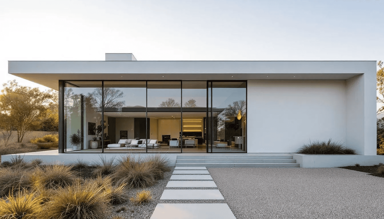 The image depicts a contemporary luxury home featuring sleek, clean geometric lines and expansive floor-to-ceiling windows that invite natural light, epitomizing modern luxury living. This custom home design reflects a perfect blend of style and functionality, ideal for creating a dream lifestyle.